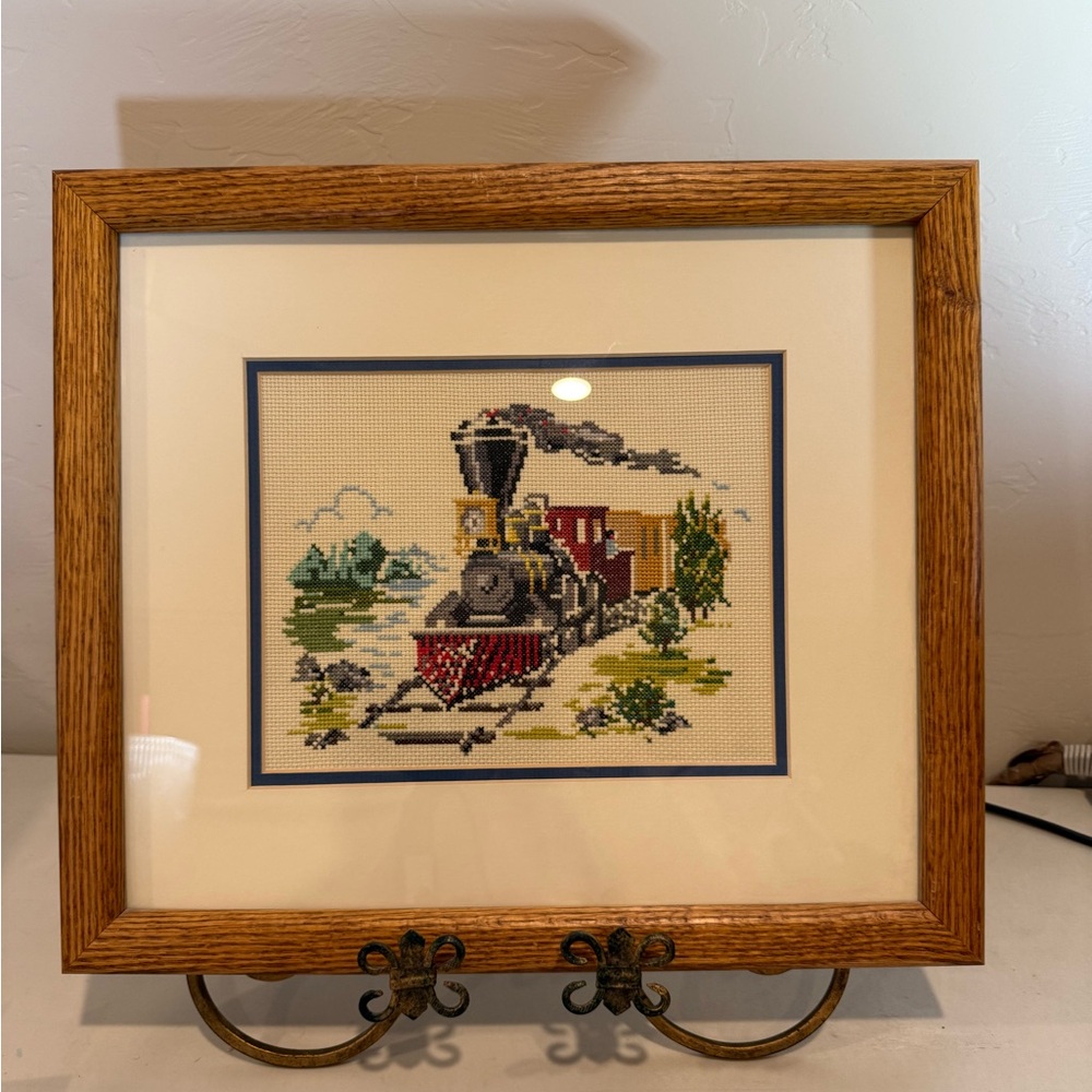 Vintage Handmade Framed Needlepoint cross-stitch art piece steam engine train